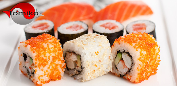 Всё меню от службы доставки Tomiko: суши, роллы, гунканы, сеты **со скидкой 50%**. Питательно, вкусно и полезно!